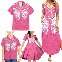 New Zealand Breast Cancer Awareness Family Matching Summer Maxi Dress and Hawaiian Shirt Maori Butterfly Pink Ribbon LT14 - Polynesian Pride