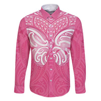 New Zealand Breast Cancer Awareness Family Matching Summer Maxi Dress and Hawaiian Shirt Maori Butterfly Pink Ribbon LT14 Dad's Shirt - Long Sleeve Pink - Polynesian Pride