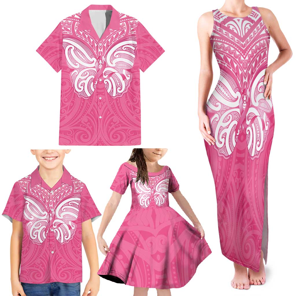 New Zealand Breast Cancer Awareness Family Matching Tank Maxi Dress and Hawaiian Shirt Maori Butterfly Pink Ribbon LT14 - Polynesian Pride