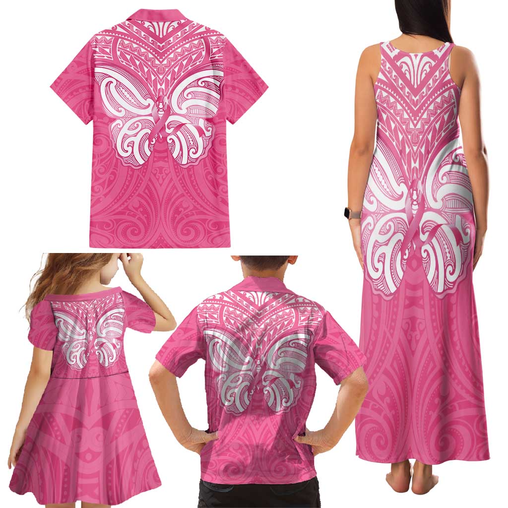 New Zealand Breast Cancer Awareness Family Matching Tank Maxi Dress and Hawaiian Shirt Maori Butterfly Pink Ribbon LT14 - Polynesian Pride
