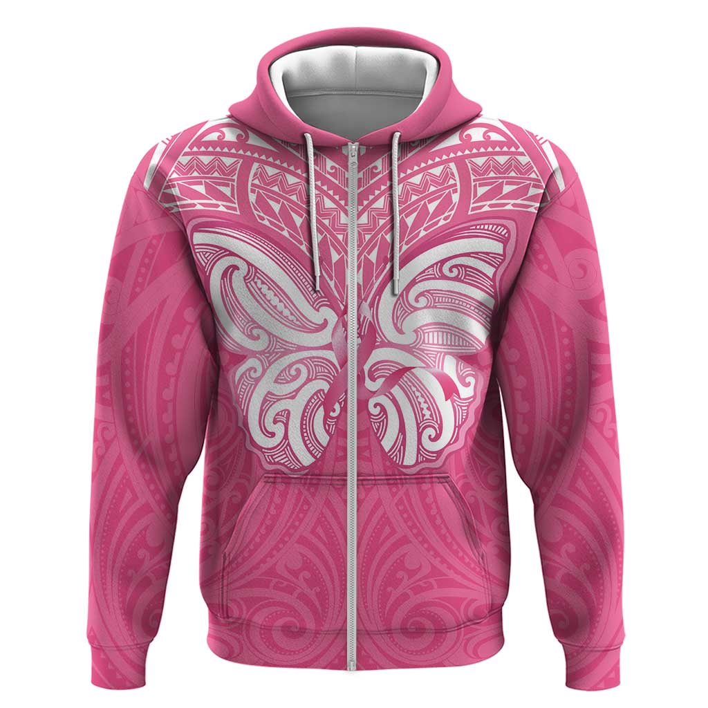 New Zealand Breast Cancer Awareness Hoodie Maori Butterfly Pink Ribbon LT14 Zip Hoodie Pink - Polynesian Pride