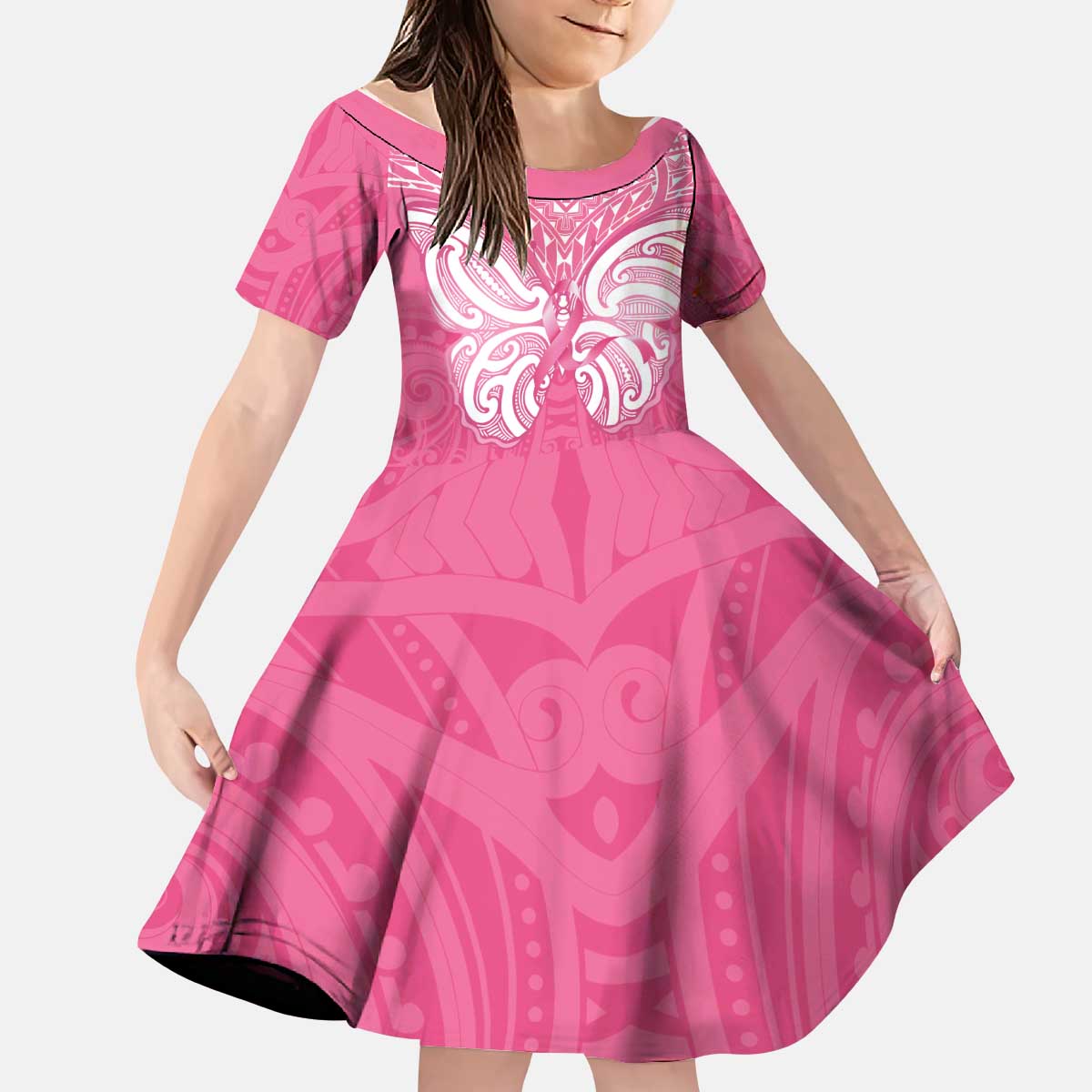 New Zealand Breast Cancer Awareness Kid Short Sleeve Dress Maori Butterfly Pink Ribbon LT14 KID Pink - Polynesian Pride