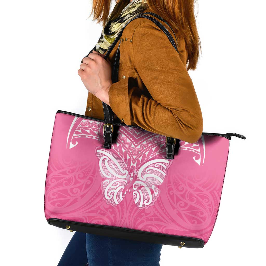 New Zealand Breast Cancer Awareness Leather Tote Bag Maori Butterfly Pink Ribbon LT14 Pink - Polynesian Pride