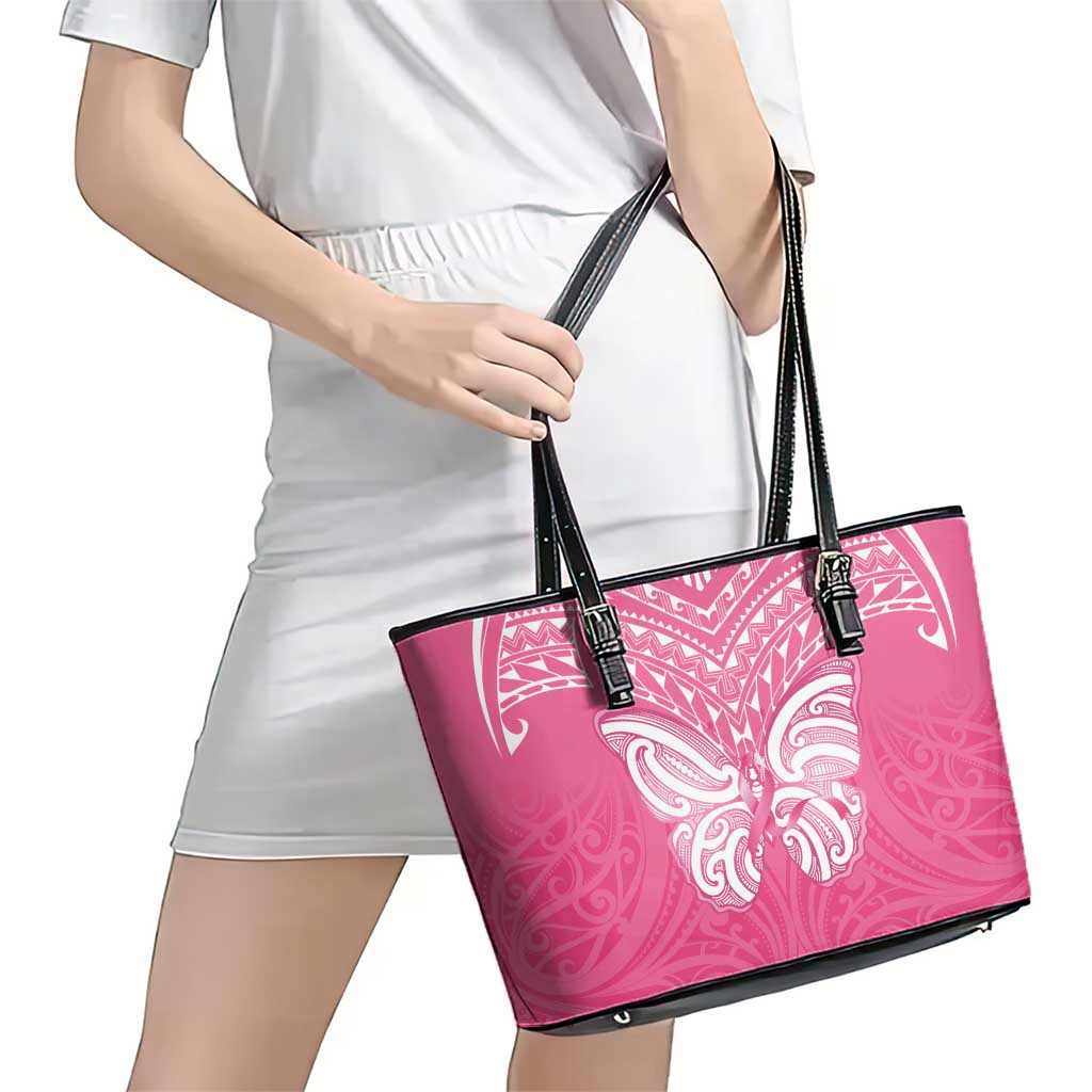 New Zealand Breast Cancer Awareness Leather Tote Bag Maori Butterfly Pink Ribbon LT14 - Polynesian Pride