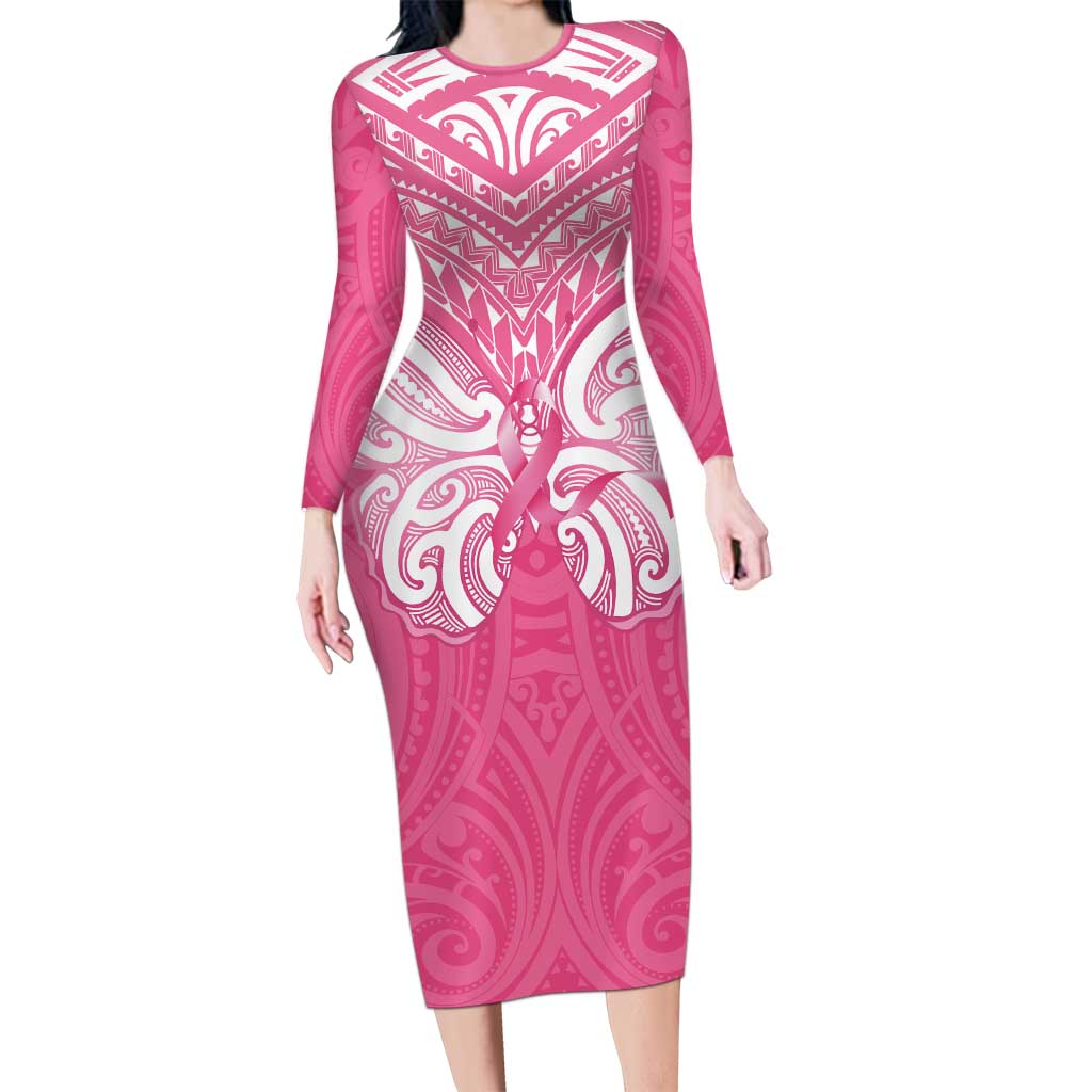New Zealand Breast Cancer Awareness Long Sleeve Bodycon Dress Maori Butterfly Pink Ribbon LT14 Long Dress Pink - Polynesian Pride