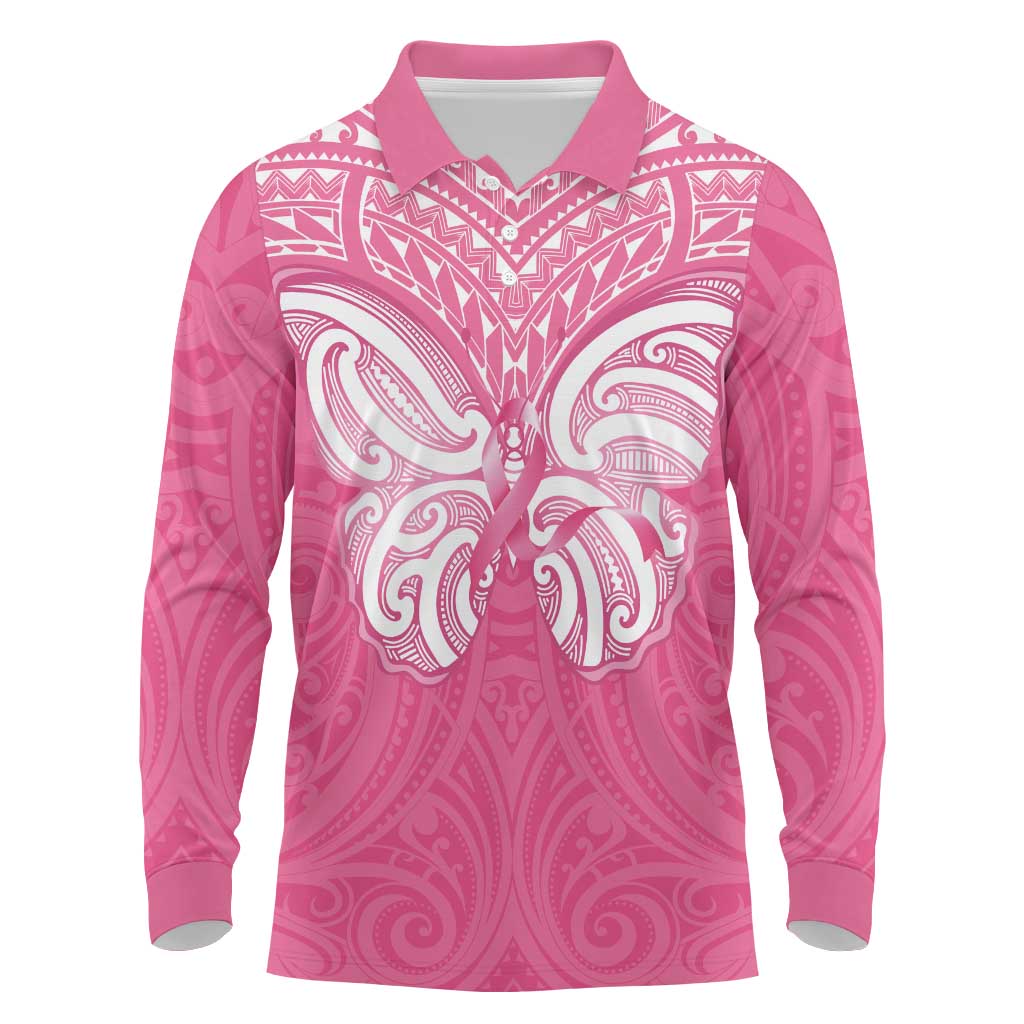 New Zealand Breast Cancer Awareness Long Sleeve Polo Shirt Maori Butterfly Pink Ribbon LT14 Pink - Polynesian Pride