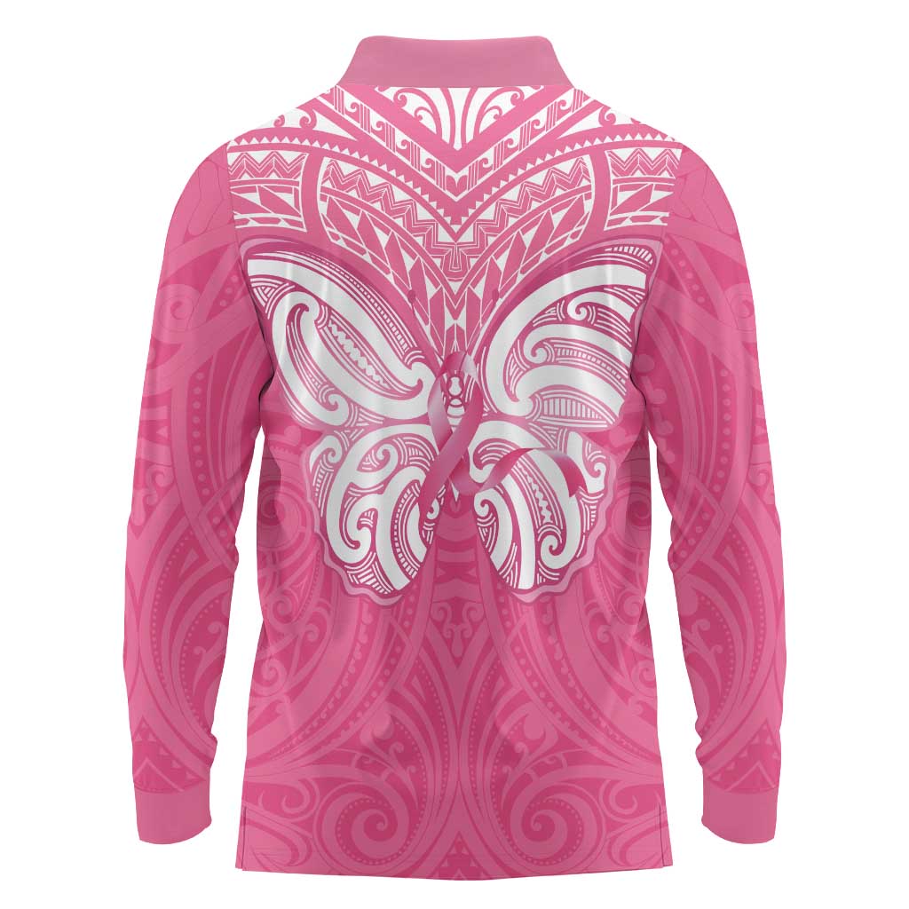 New Zealand Breast Cancer Awareness Long Sleeve Polo Shirt Maori Butterfly Pink Ribbon LT14 - Polynesian Pride