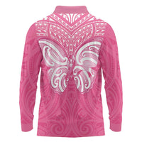 New Zealand Breast Cancer Awareness Long Sleeve Polo Shirt Maori Butterfly Pink Ribbon LT14 - Polynesian Pride