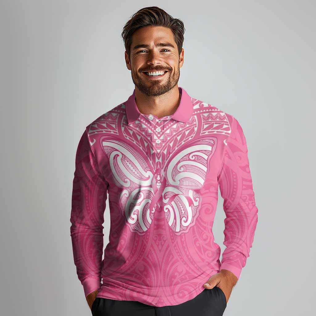 New Zealand Breast Cancer Awareness Long Sleeve Polo Shirt Maori Butterfly Pink Ribbon LT14 - Polynesian Pride