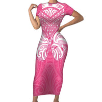 New Zealand Breast Cancer Awareness Short Sleeve Bodycon Dress Maori Butterfly Pink Ribbon LT14 Long Dress Pink - Polynesian Pride