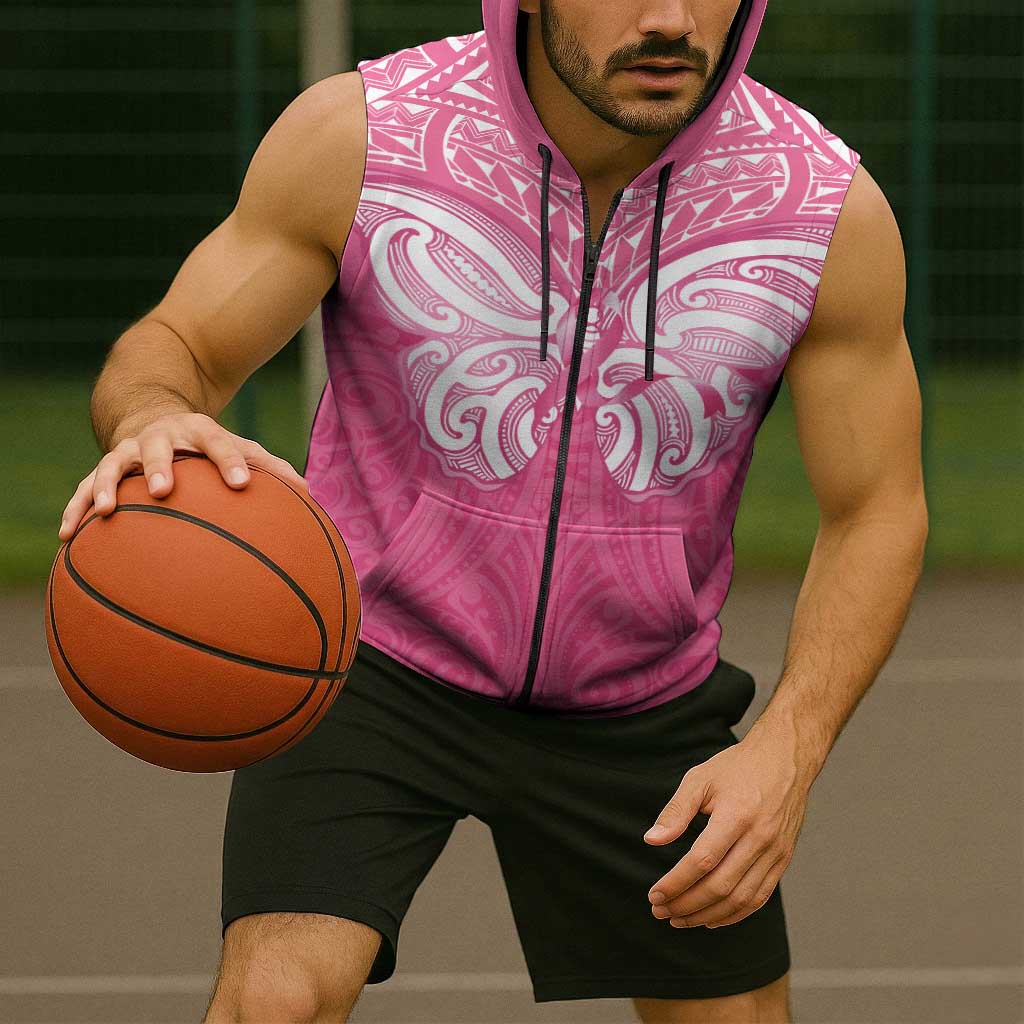 New Zealand Breast Cancer Awareness Sleeveless Zip Hoodie Maori Butterfly Pink Ribbon LT14 - Polynesian Pride