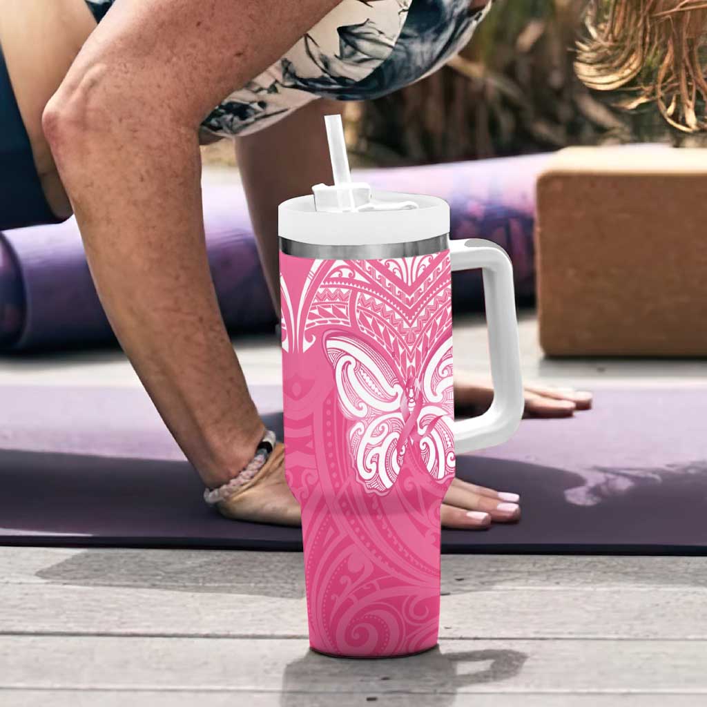 New Zealand Breast Cancer Awareness Tumbler With Handle Maori Butterfly Pink Ribbon LT14 - Polynesian Pride