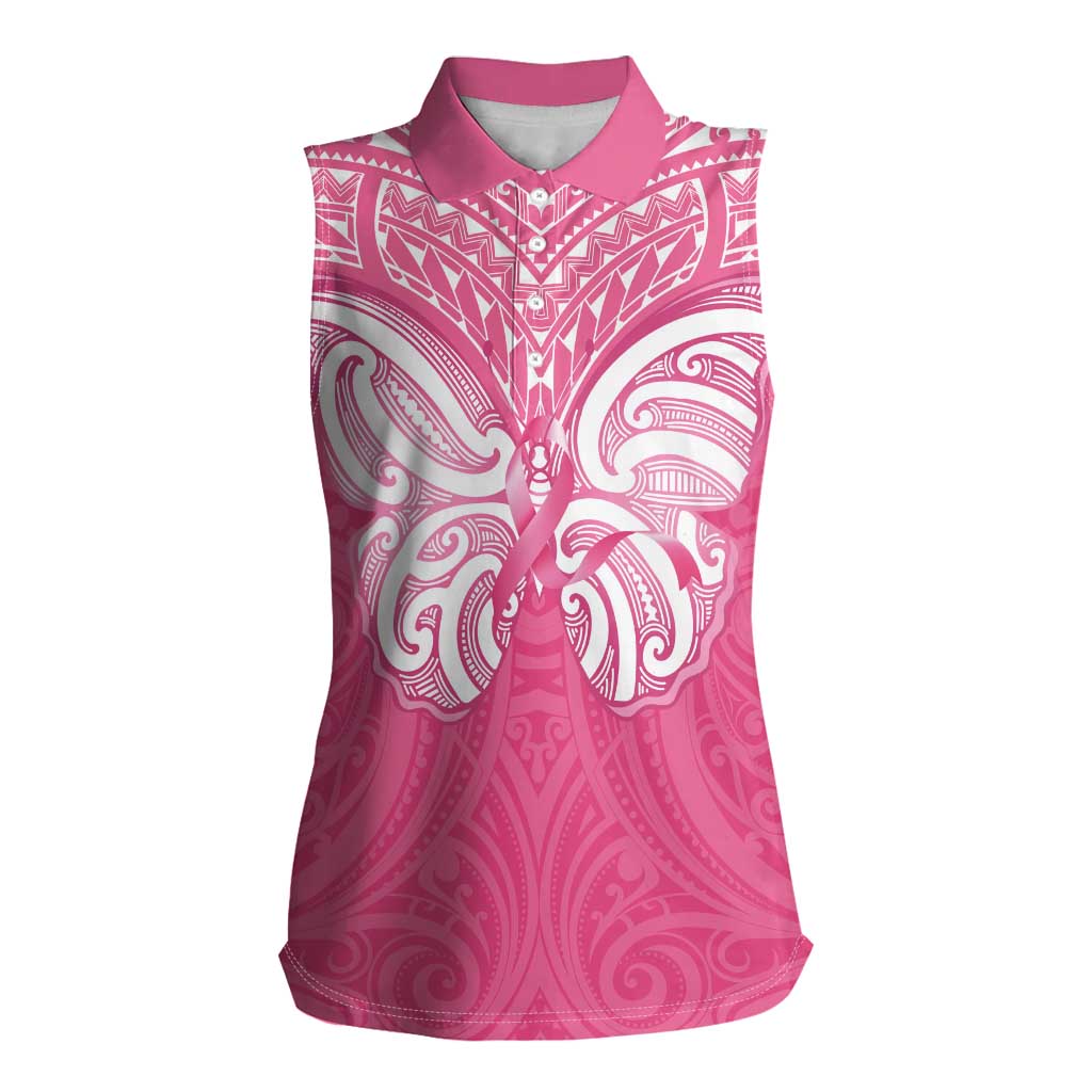 New Zealand Breast Cancer Awareness Women Sleeveless Polo Shirt Maori Butterfly Pink Ribbon LT14 Female Pink - Polynesian Pride