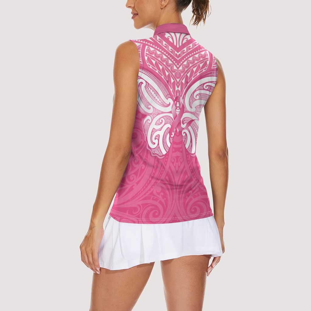 New Zealand Breast Cancer Awareness Women Sleeveless Polo Shirt Maori Butterfly Pink Ribbon LT14 - Polynesian Pride