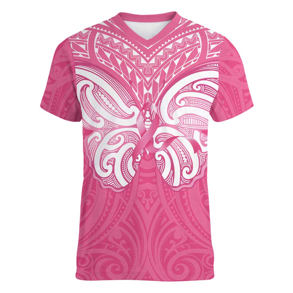 New Zealand Breast Cancer Awareness Women V-Neck T-Shirt Maori Butterfly Pink Ribbon LT14 Female Pink - Polynesian Pride
