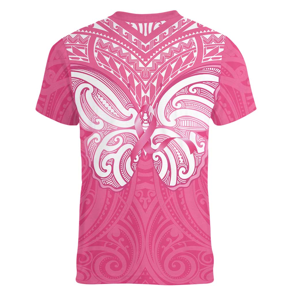 New Zealand Breast Cancer Awareness Women V-Neck T-Shirt Maori Butterfly Pink Ribbon LT14 - Polynesian Pride