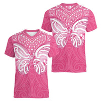 New Zealand Breast Cancer Awareness Women V-Neck T-Shirt Maori Butterfly Pink Ribbon LT14 - Polynesian Pride