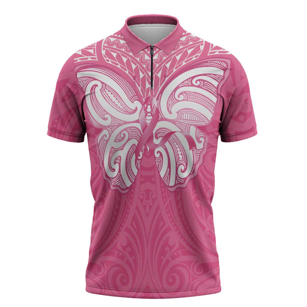 New Zealand Breast Cancer Awareness Zipper Polo Shirt Maori Butterfly Pink Ribbon - Polynesian Pride