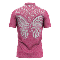 New Zealand Breast Cancer Awareness Zipper Polo Shirt Maori Butterfly Pink Ribbon LT14 - Polynesian Pride