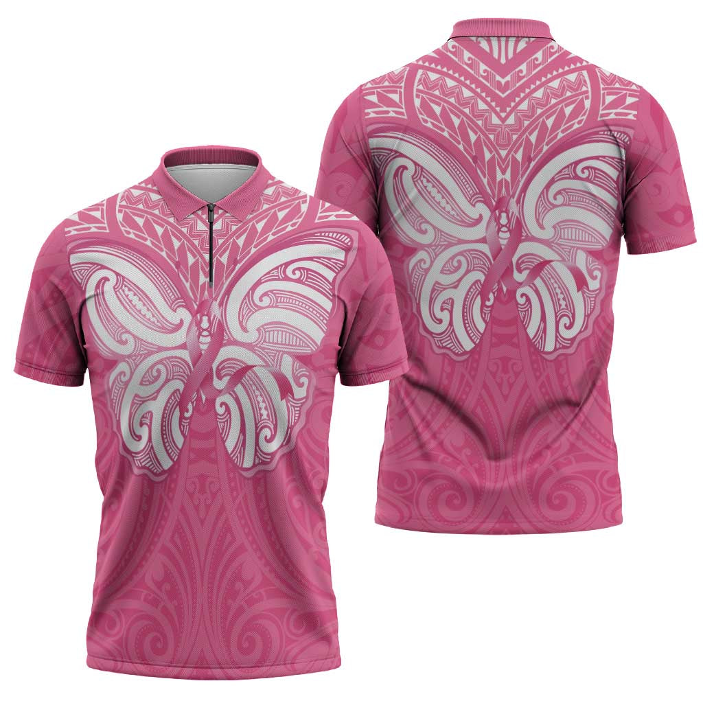 New Zealand Breast Cancer Awareness Zipper Polo Shirt Maori Butterfly Pink Ribbon LT14 - Polynesian Pride