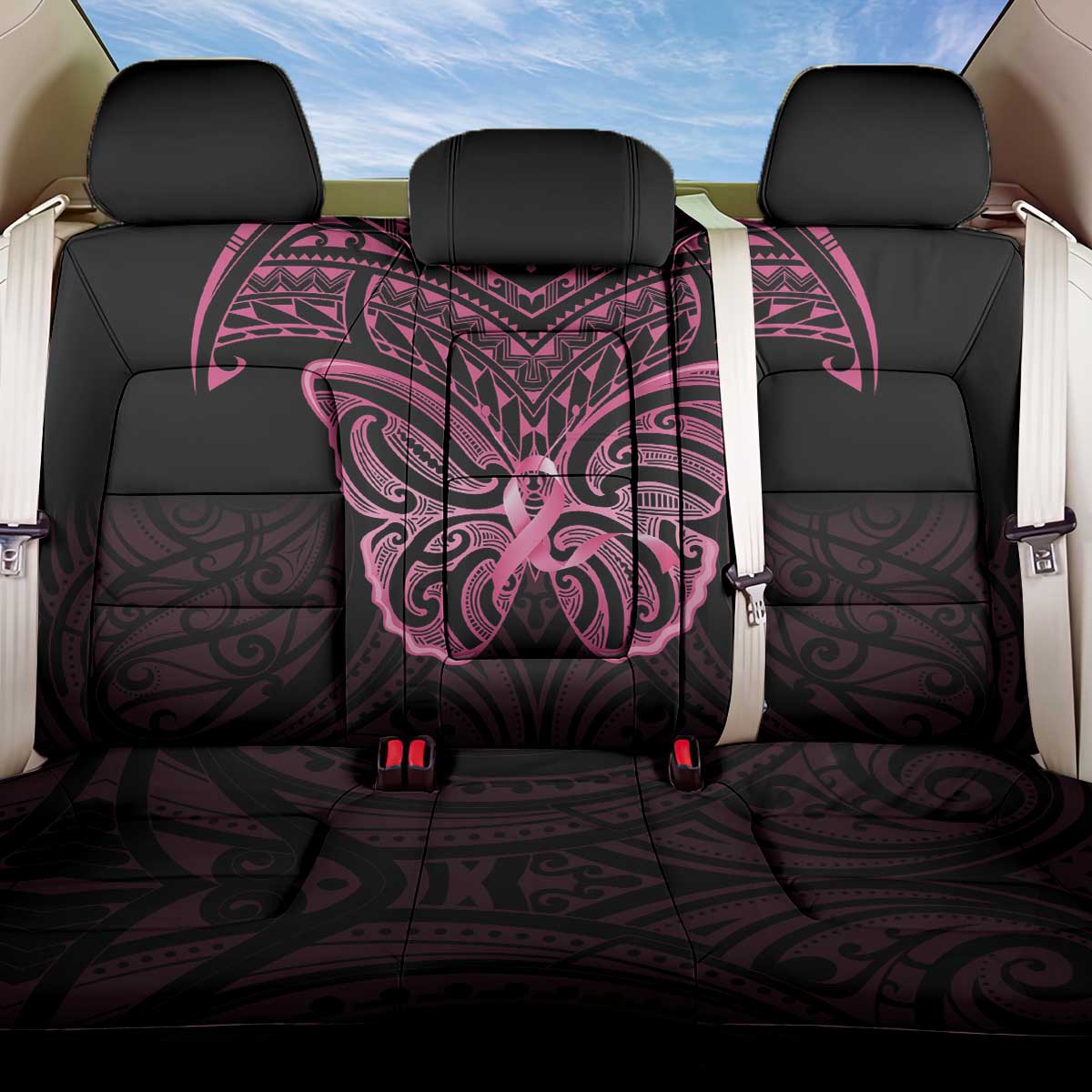 New Zealand Breast Cancer Awareness Back Car Seat Cover Maori Butterfly Pink Ribbon Black Version LT14 One Size Black - Polynesian Pride
