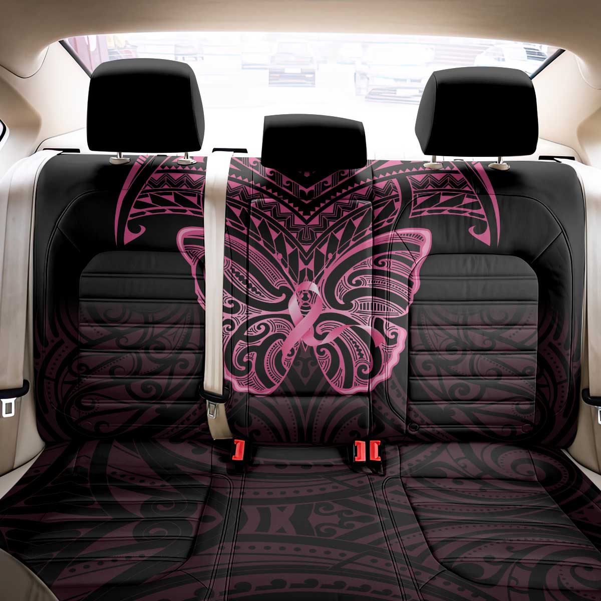 New Zealand Breast Cancer Awareness Back Car Seat Cover Maori Butterfly Pink Ribbon Black Version LT14 - Polynesian Pride