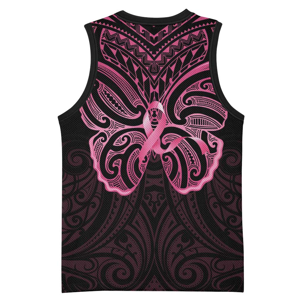 New Zealand Breast Cancer Awareness Basketball Jersey Maori Butterfly Pink Ribbon Black Version LT14 - Polynesian Pride