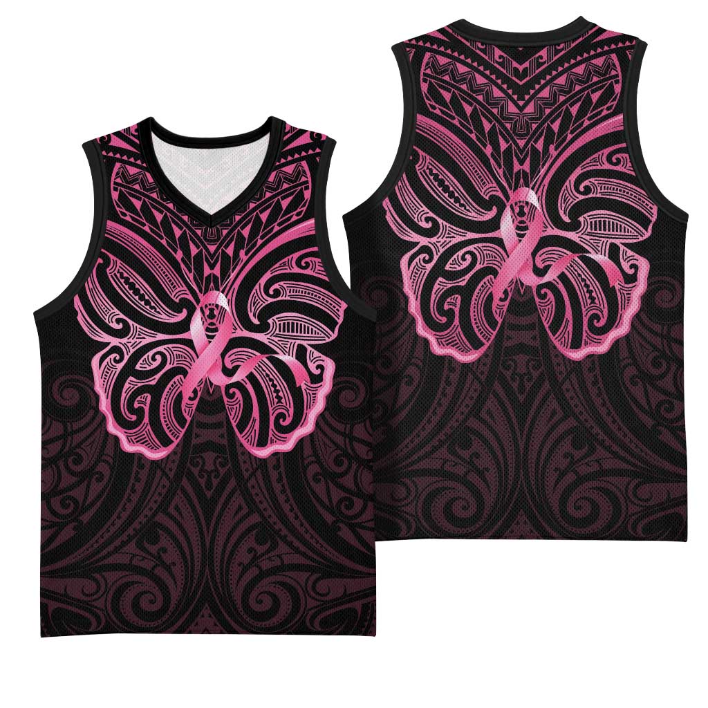 New Zealand Breast Cancer Awareness Basketball Jersey Maori Butterfly Pink Ribbon Black Version LT14 - Polynesian Pride