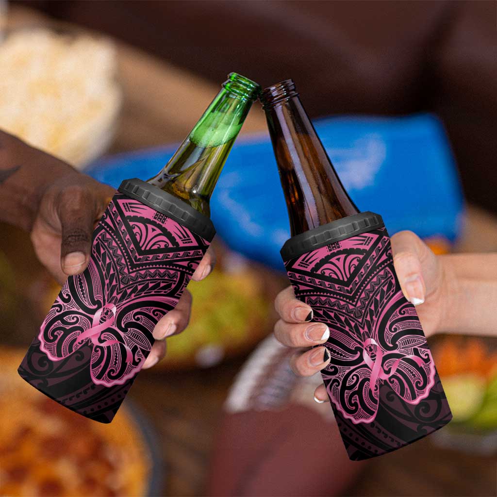 New Zealand Breast Cancer Awareness 4 in 1 Can Cooler Tumbler Maori Butterfly Pink Ribbon Black Version LT14 - Polynesian Pride