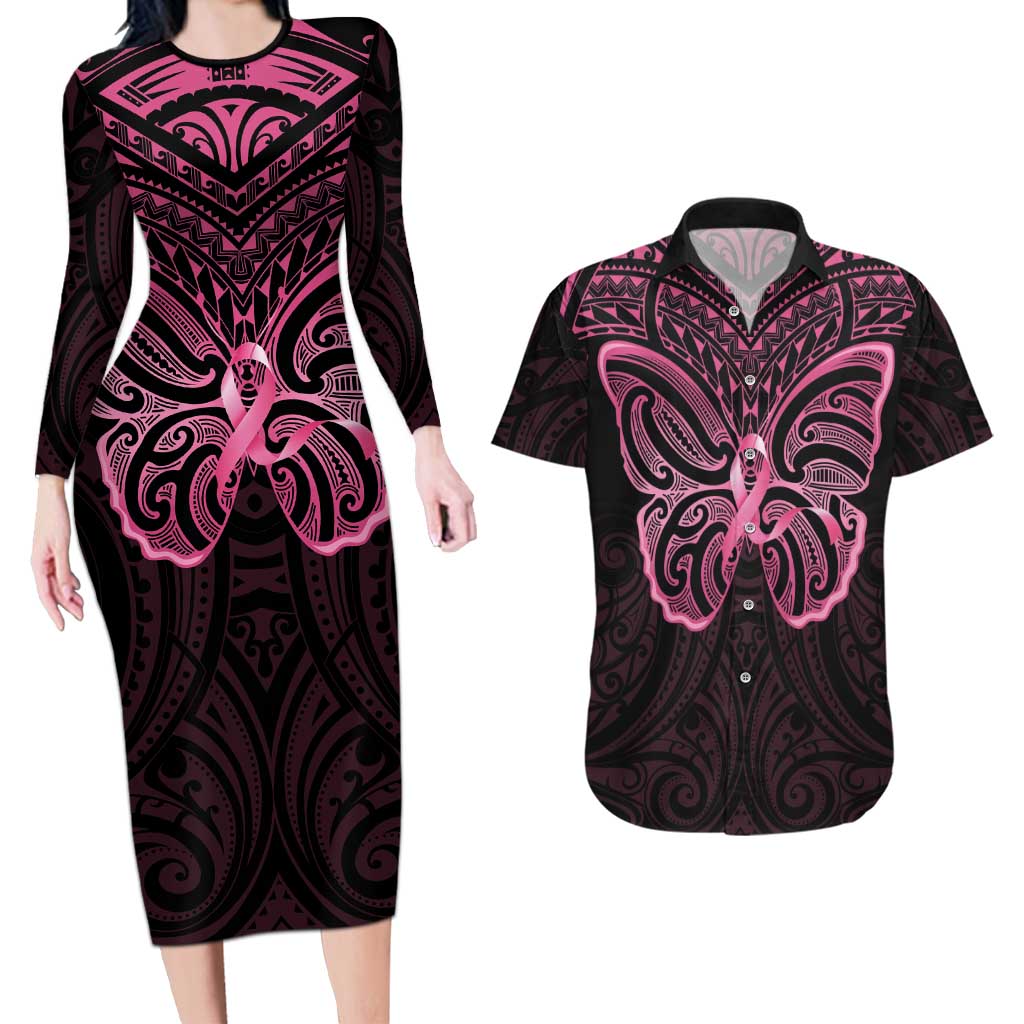 New Zealand Breast Cancer Awareness Couples Matching Long Sleeve Bodycon Dress and Hawaiian Shirt Maori Butterfly Pink Ribbon Black Version LT14 Black - Polynesian Pride