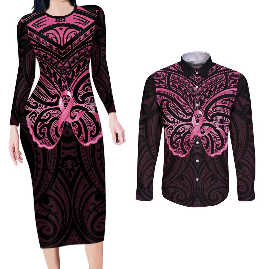 New Zealand Breast Cancer Awareness Couples Matching Long Sleeve Bodycon Dress and Long Sleeve Button Shirt Maori Butterfly Pink Ribbon Black Version LT14 Black - Polynesian Pride