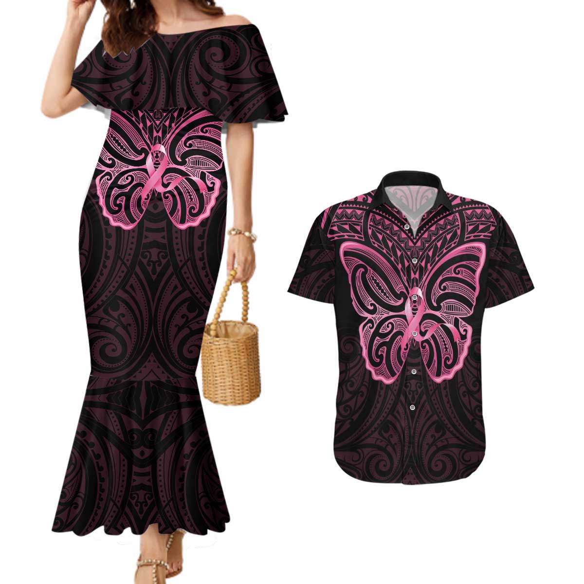 New Zealand Breast Cancer Awareness Couples Matching Mermaid Dress and Hawaiian Shirt Maori Butterfly Pink Ribbon Black Version LT14 Black - Polynesian Pride