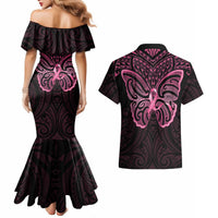 New Zealand Breast Cancer Awareness Couples Matching Mermaid Dress and Hawaiian Shirt Maori Butterfly Pink Ribbon Black Version LT14 - Polynesian Pride