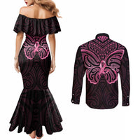 New Zealand Breast Cancer Awareness Couples Matching Mermaid Dress and Long Sleeve Button Shirt Maori Butterfly Pink Ribbon Black Version LT14 - Polynesian Pride