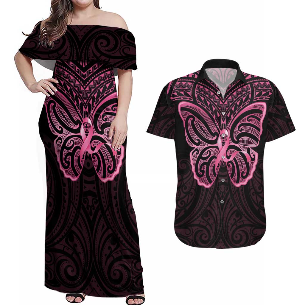 New Zealand Breast Cancer Awareness Couples Matching Off Shoulder Maxi Dress and Hawaiian Shirt Maori Butterfly Pink Ribbon Black Version LT14 Black - Polynesian Pride