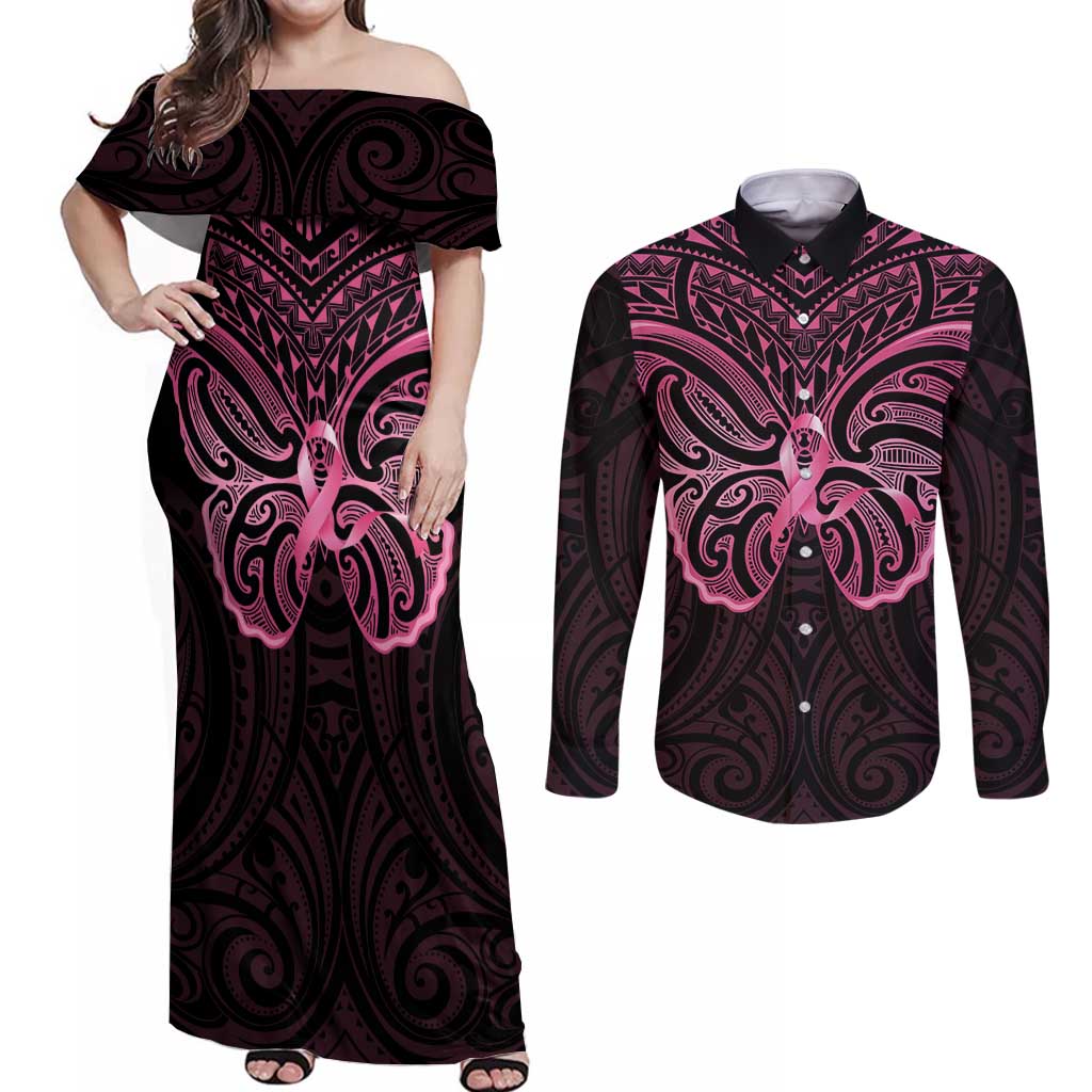 New Zealand Breast Cancer Awareness Couples Matching Off Shoulder Maxi Dress and Long Sleeve Button Shirt Maori Butterfly Pink Ribbon Black Version LT14 Black - Polynesian Pride