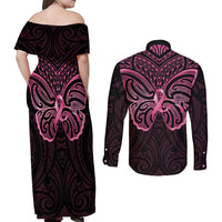 New Zealand Breast Cancer Awareness Couples Matching Off Shoulder Maxi Dress and Long Sleeve Button Shirt Maori Butterfly Pink Ribbon Black Version LT14 - Polynesian Pride