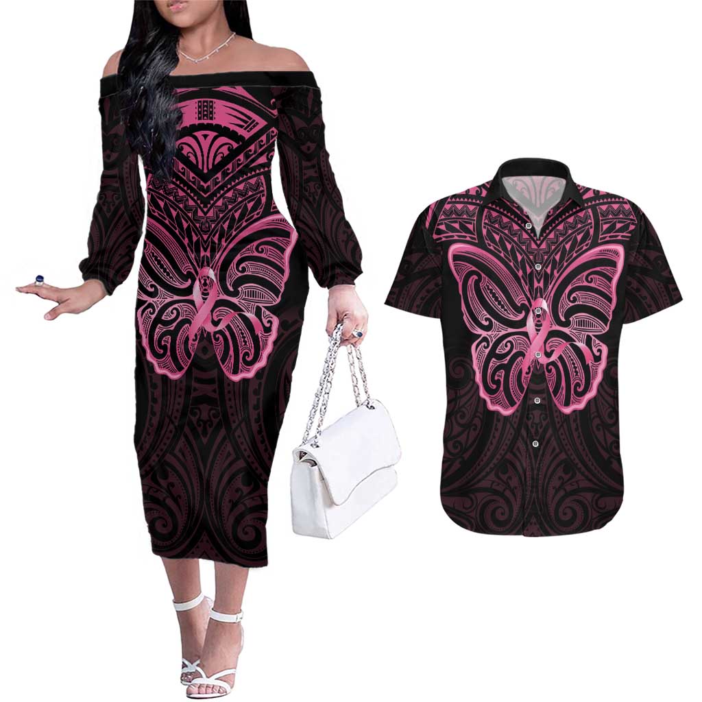 New Zealand Breast Cancer Awareness Couples Matching Off The Shoulder Long Sleeve Dress and Hawaiian Shirt Maori Butterfly Pink Ribbon Black Version LT14 Black - Polynesian Pride