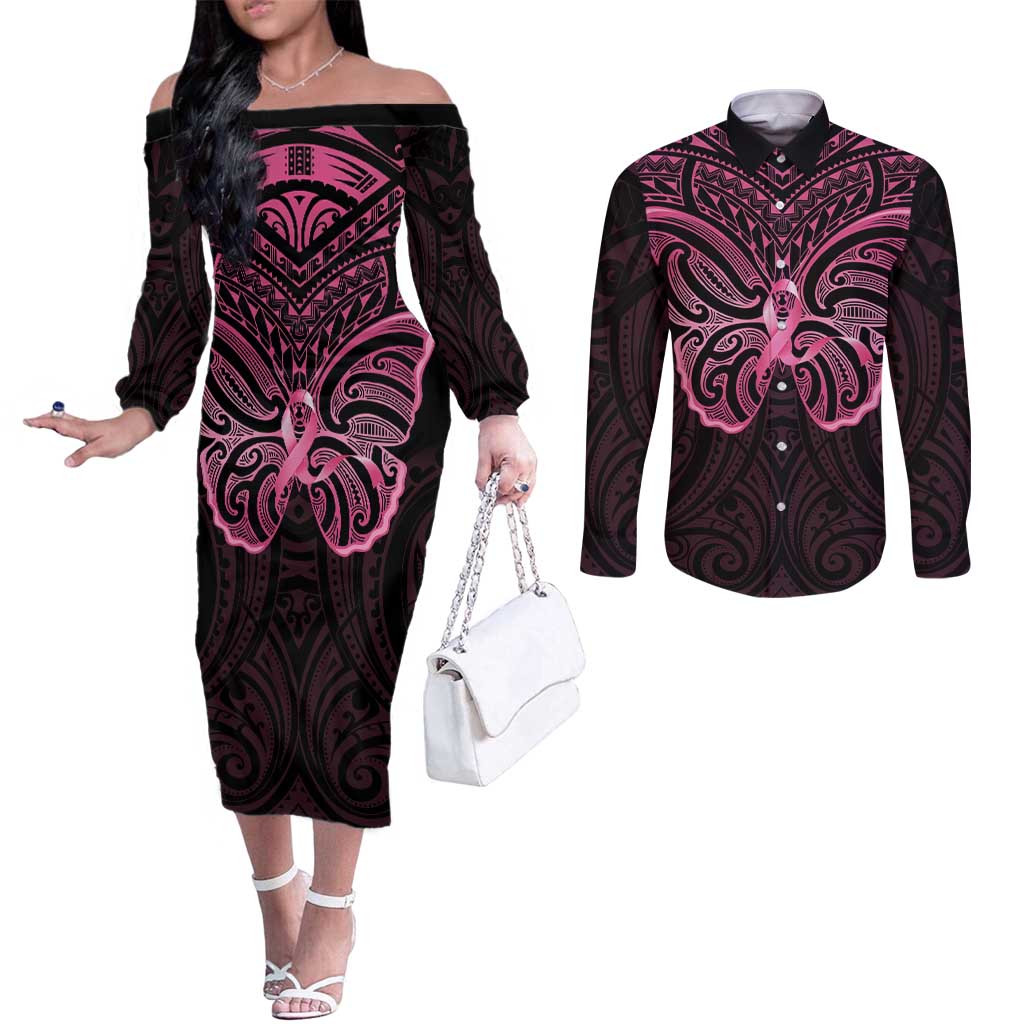 New Zealand Breast Cancer Awareness Couples Matching Off The Shoulder Long Sleeve Dress and Long Sleeve Button Shirt Maori Butterfly Pink Ribbon Black Version LT14 Black - Polynesian Pride