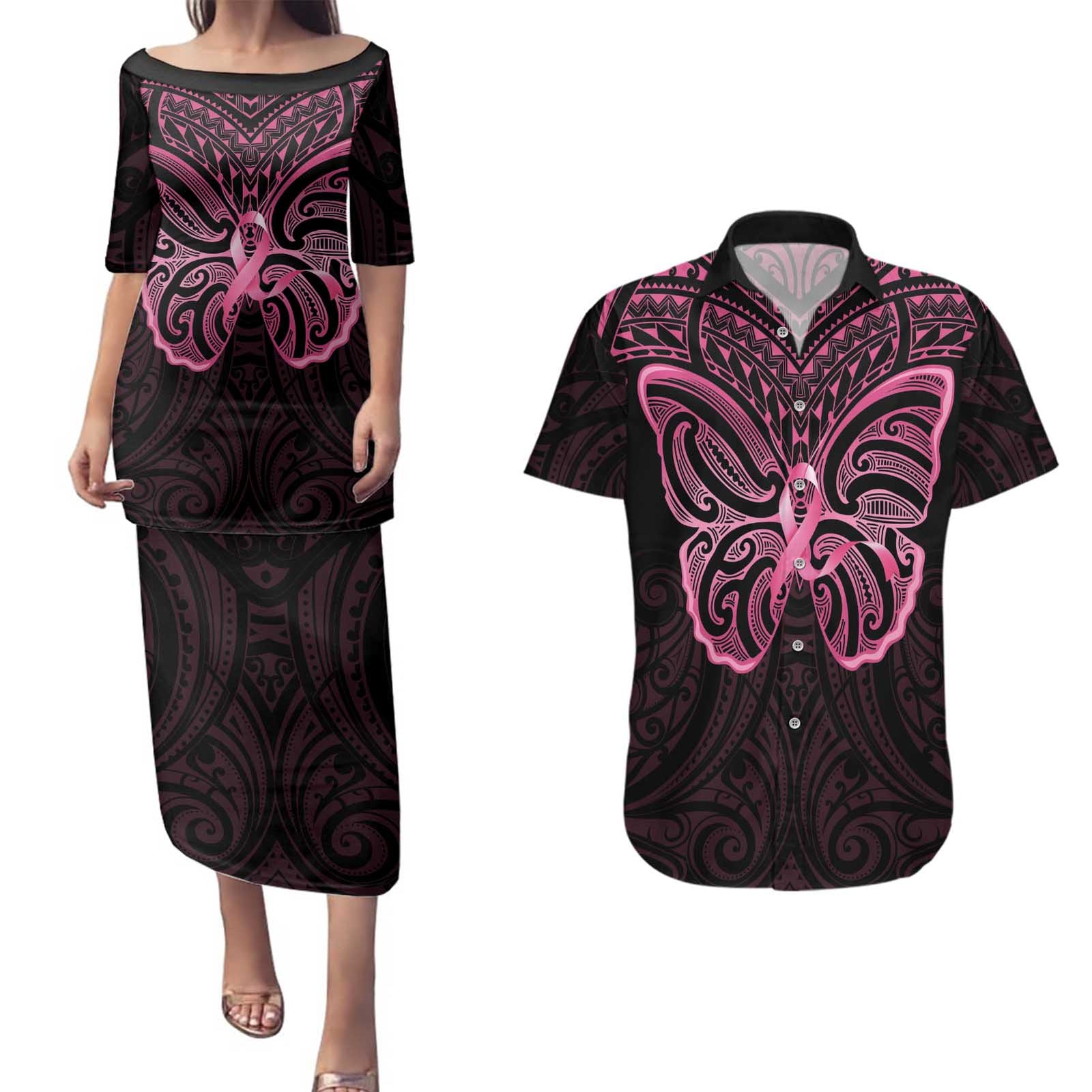 New Zealand Breast Cancer Awareness Couples Matching Puletasi and Hawaiian Shirt Maori Butterfly Pink Ribbon Black Version - Polynesian Pride