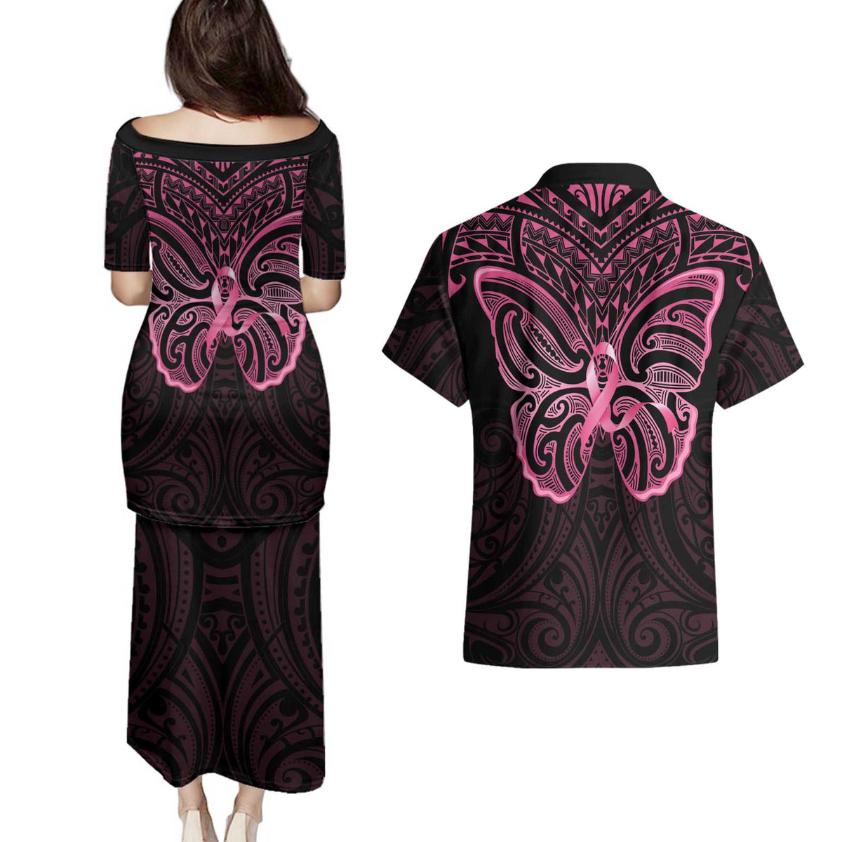 New Zealand Breast Cancer Awareness Couples Matching Puletasi and Hawaiian Shirt Maori Butterfly Pink Ribbon Black Version LT14 - Polynesian Pride