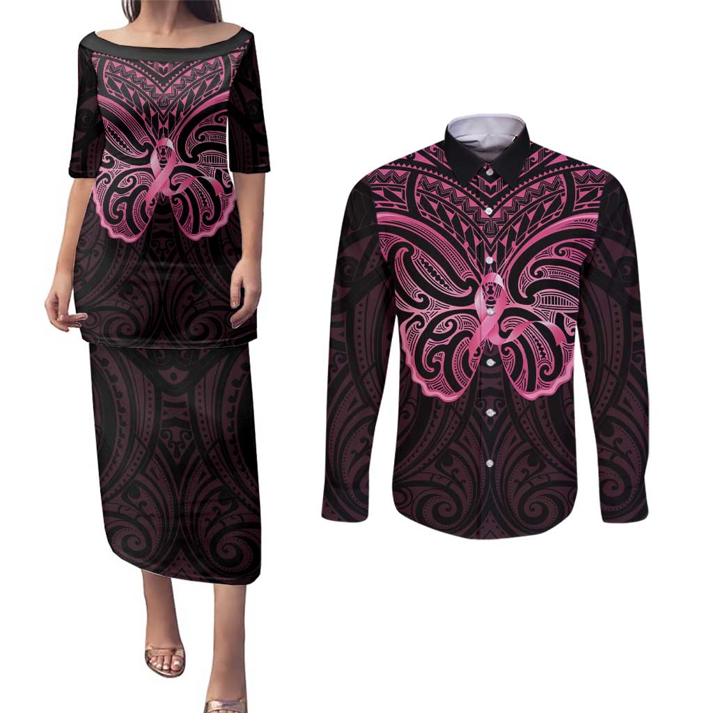 New Zealand Breast Cancer Awareness Couples Matching Puletasi and Long Sleeve Button Shirt Maori Butterfly Pink Ribbon Black Version LT14 Black - Polynesian Pride
