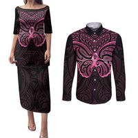 New Zealand Breast Cancer Awareness Couples Matching Puletasi and Long Sleeve Button Shirt Maori Butterfly Pink Ribbon Black Version LT14 Black - Polynesian Pride