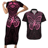 New Zealand Breast Cancer Awareness Couples Matching Short Sleeve Bodycon Dress and Hawaiian Shirt Maori Butterfly Pink Ribbon Black Version LT14 Black - Polynesian Pride