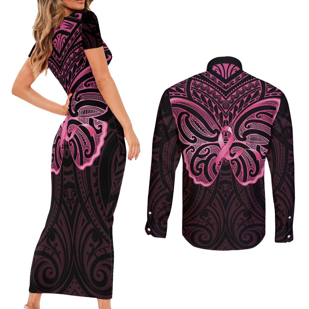 New Zealand Breast Cancer Awareness Couples Matching Short Sleeve Bodycon Dress and Long Sleeve Button Shirt Maori Butterfly Pink Ribbon Black Version LT14 - Polynesian Pride