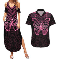 New Zealand Breast Cancer Awareness Couples Matching Summer Maxi Dress and Hawaiian Shirt Maori Butterfly Pink Ribbon Black Version LT14 Black - Polynesian Pride
