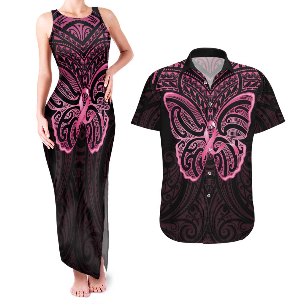 New Zealand Breast Cancer Awareness Couples Matching Tank Maxi Dress and Hawaiian Shirt Maori Butterfly Pink Ribbon Black Version LT14 Black - Polynesian Pride