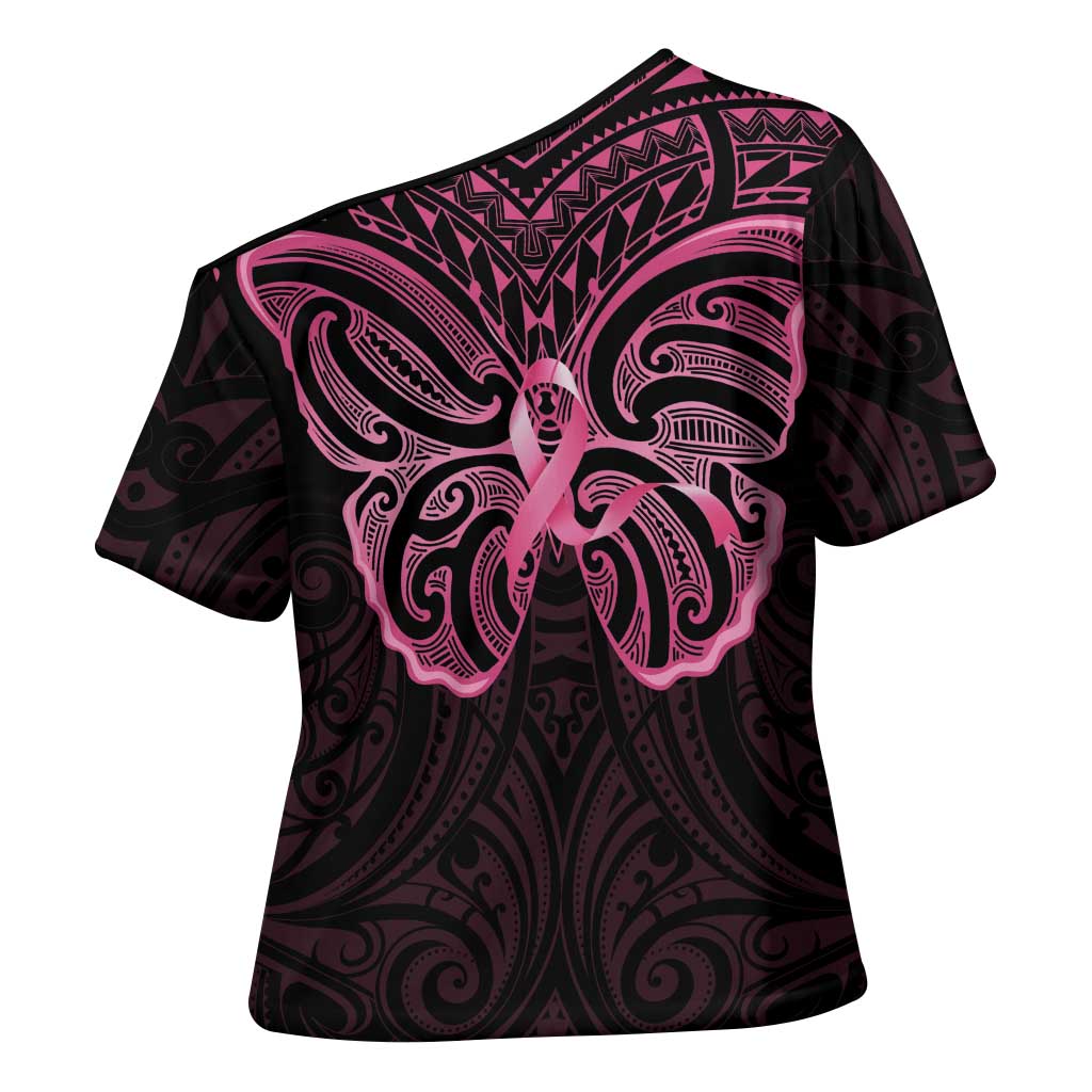 New Zealand Breast Cancer Awareness Cross Shoulder Shirt Maori Butterfly Pink Ribbon Black Version LT14 - Polynesian Pride