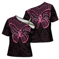 New Zealand Breast Cancer Awareness Cross Shoulder Shirt Maori Butterfly Pink Ribbon Black Version LT14 - Polynesian Pride