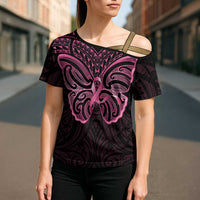 New Zealand Breast Cancer Awareness Cross Shoulder Shirt Maori Butterfly Pink Ribbon Black Version LT14 - Polynesian Pride